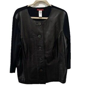 ANNE KLEIN GENUINE LEATHER & KNIT Black Panel Jacket Sweater Cardigan Sz 1X Y2k